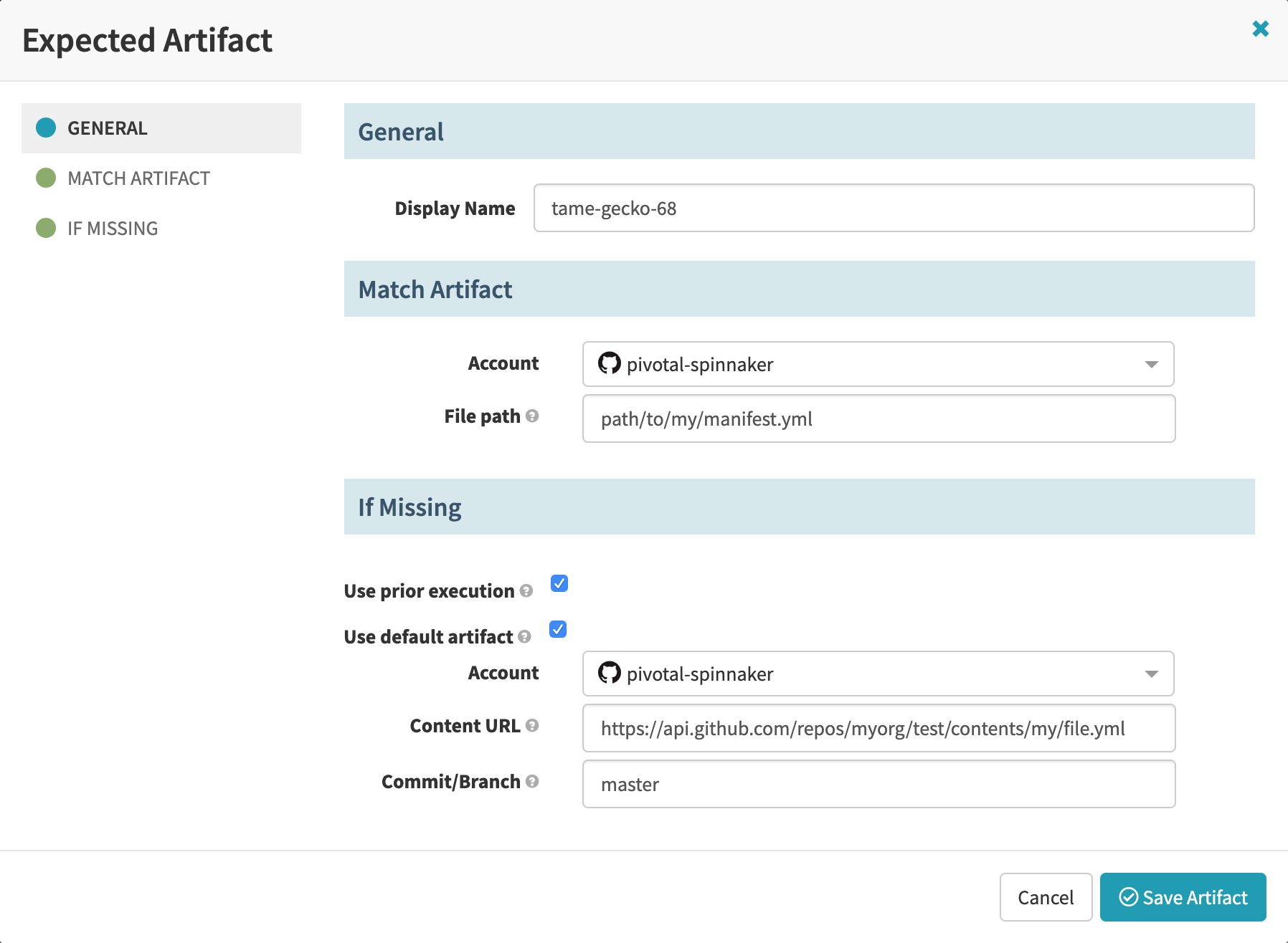Configuring GitHub file fields in a pipeline trigger's Expected
Artifact settings. The default Display Name value is
auto-generated.