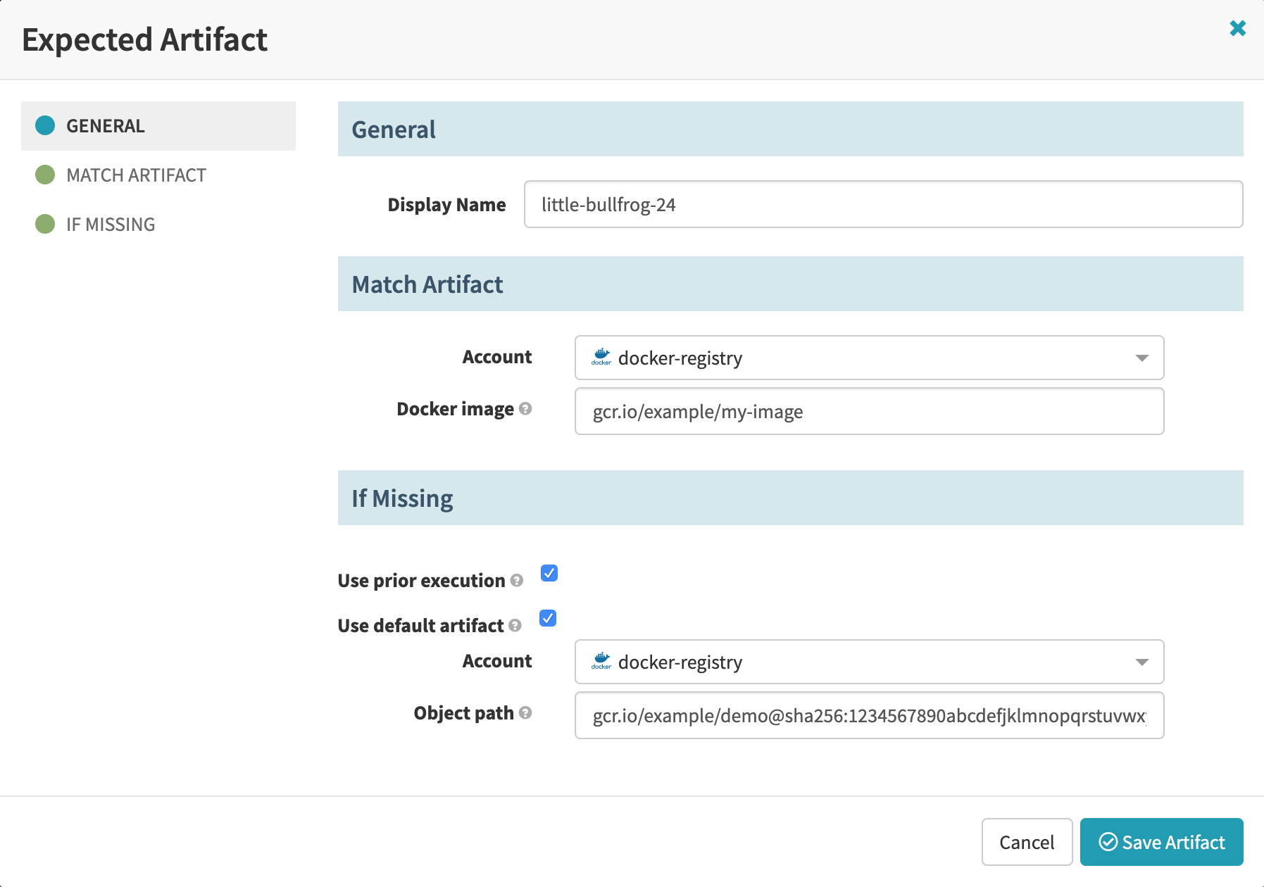 Configuring Docker image fields in a pipeline trigger’s expected artifact settings.